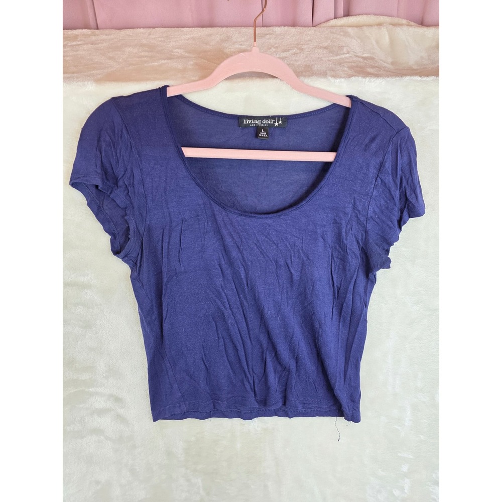 Living Doll Los Angeles Women Navy Blue Scoop Neck Ruffle Cap Sleeve Crop Top L‎